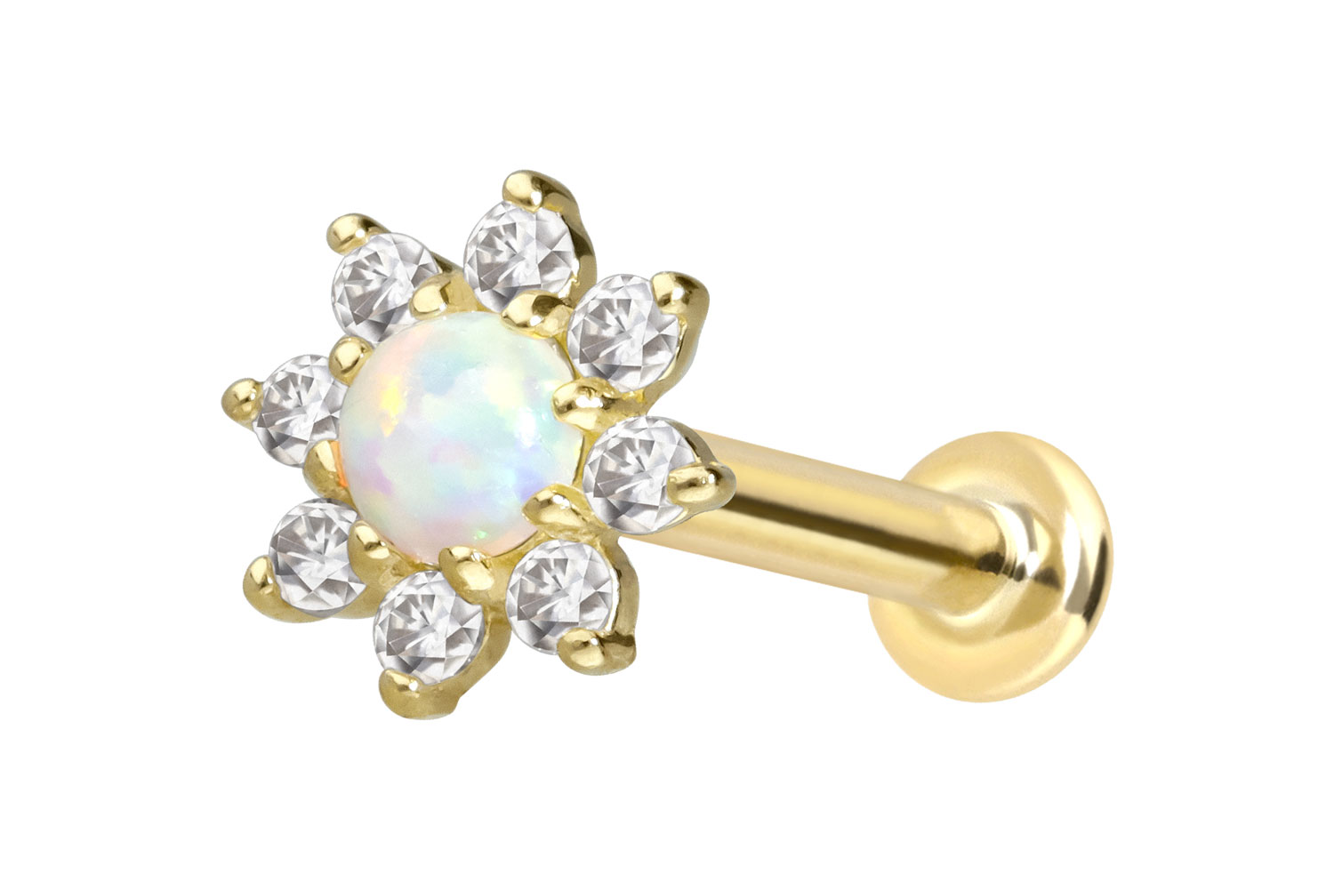 14 Karat Gold Labret Piercing mit Innengewinde MOISSANIT-BLUME + SYNTHETISCHER OPAL